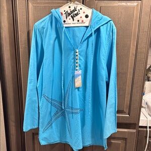 Sea Salt blue hoodie with Star Fish design, size small, NWT
